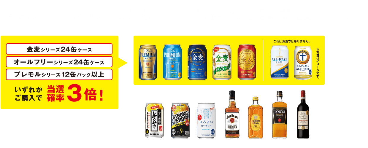 対象製品：サントリーの酒類全製品が対象です。●店舗によって一部お取り扱いのない製品がございます。●写真は一例です。